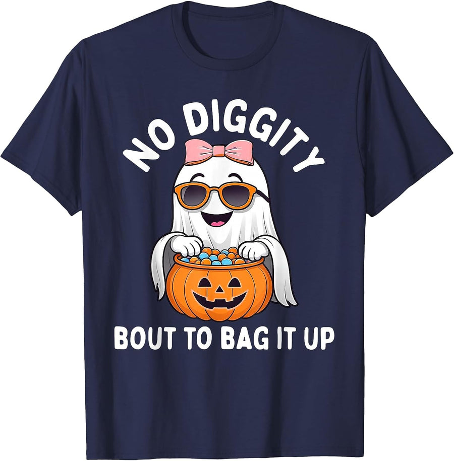 Halloween Ghost No Diggity Bout to Bag it Up Toddler Girls T-Shirt - Navy Blue