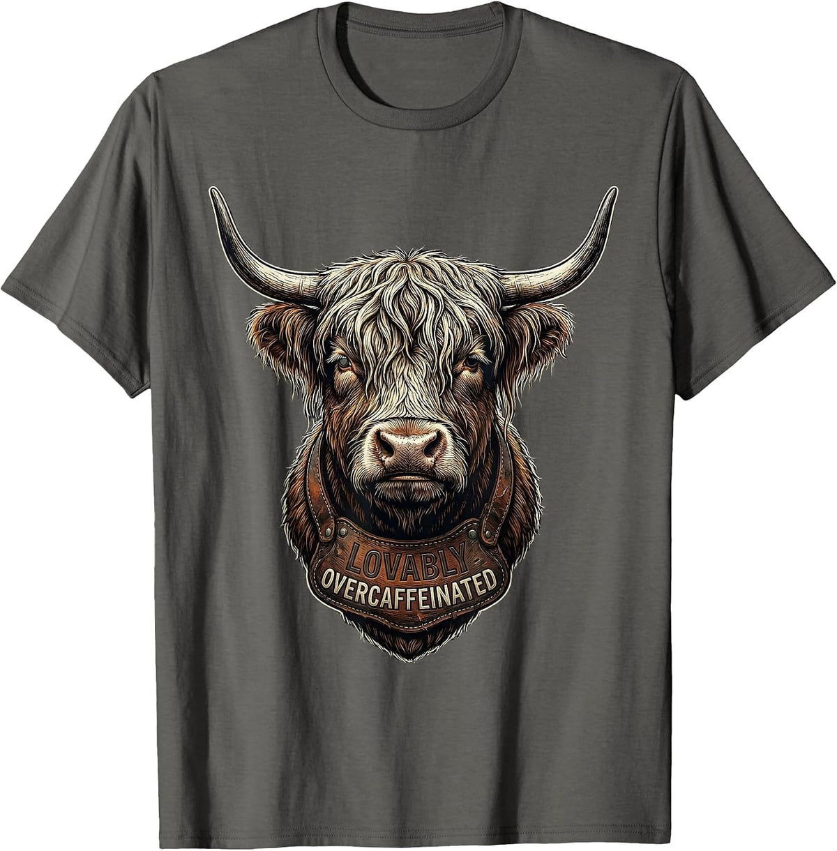 Lovably Overcaffeinated Funny Highland Cow Coffee Lover T-Shirt - Asphalt Grey
