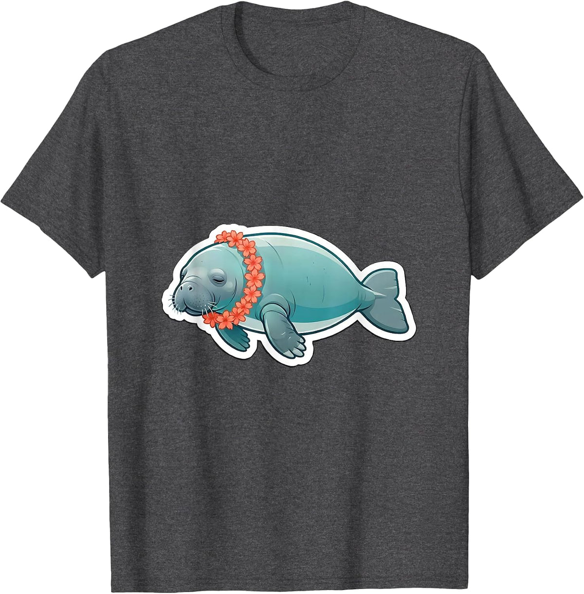 Manatee Flower Lei Funny Sea Animal Lover Sticker Style T-Shirt - Dark Heather Grey