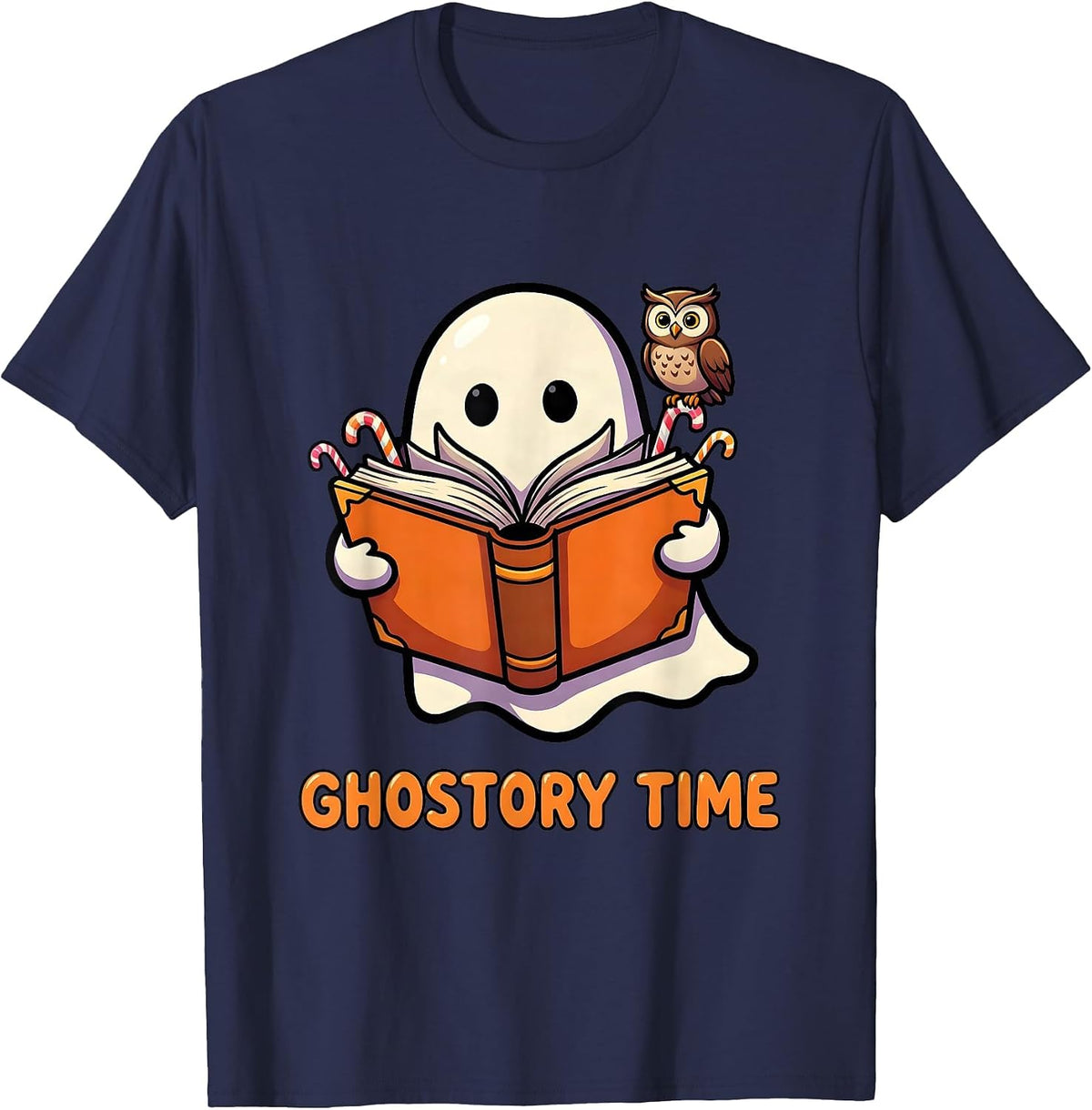 Ghostory Time Cartoon Teacher Book Lover Fall Pumpkin T-Shirt - Navy Blue
