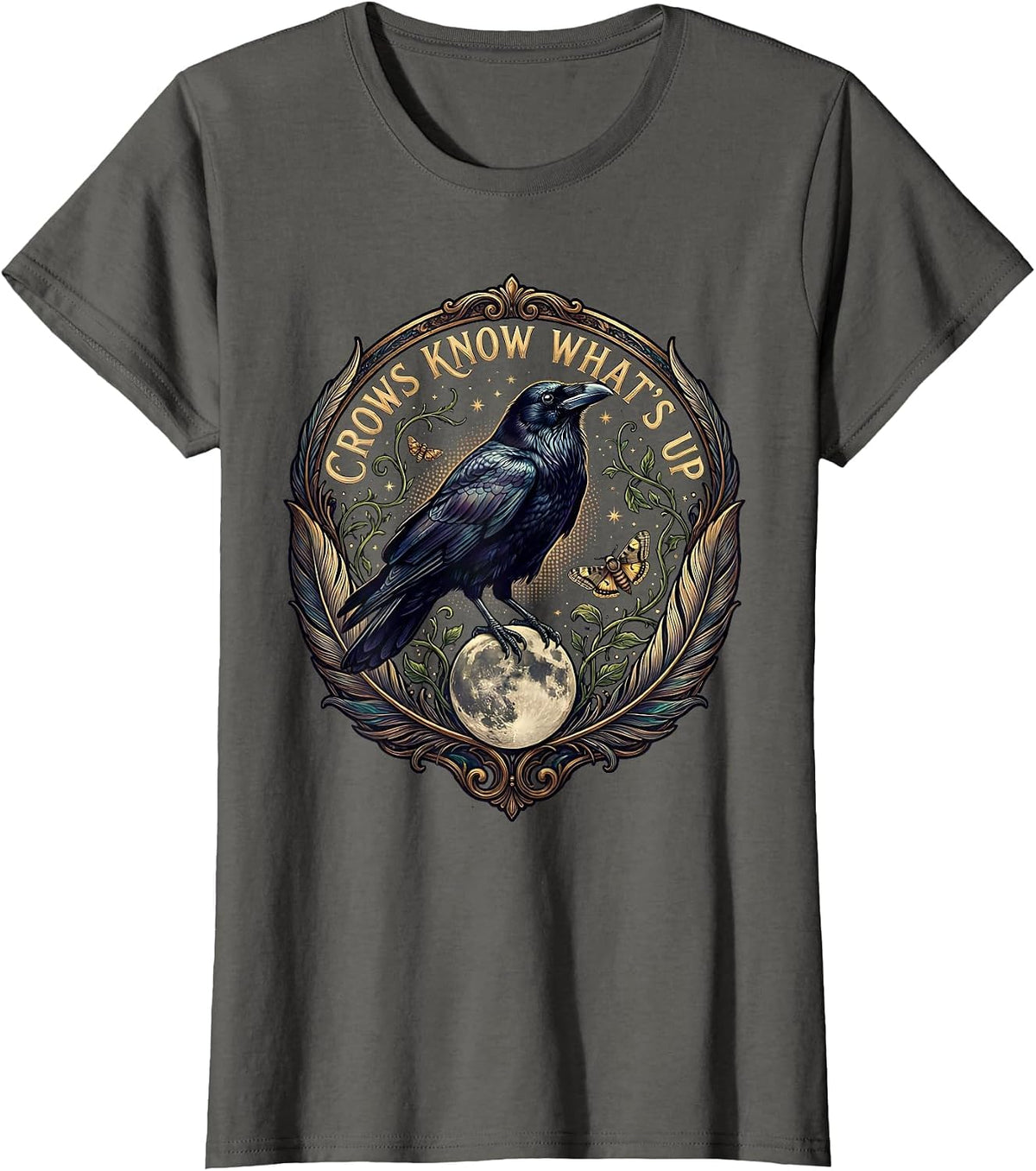 Women's Crows Know Whats Up Funny Crow Design T-Shirt - Asphalt Grey