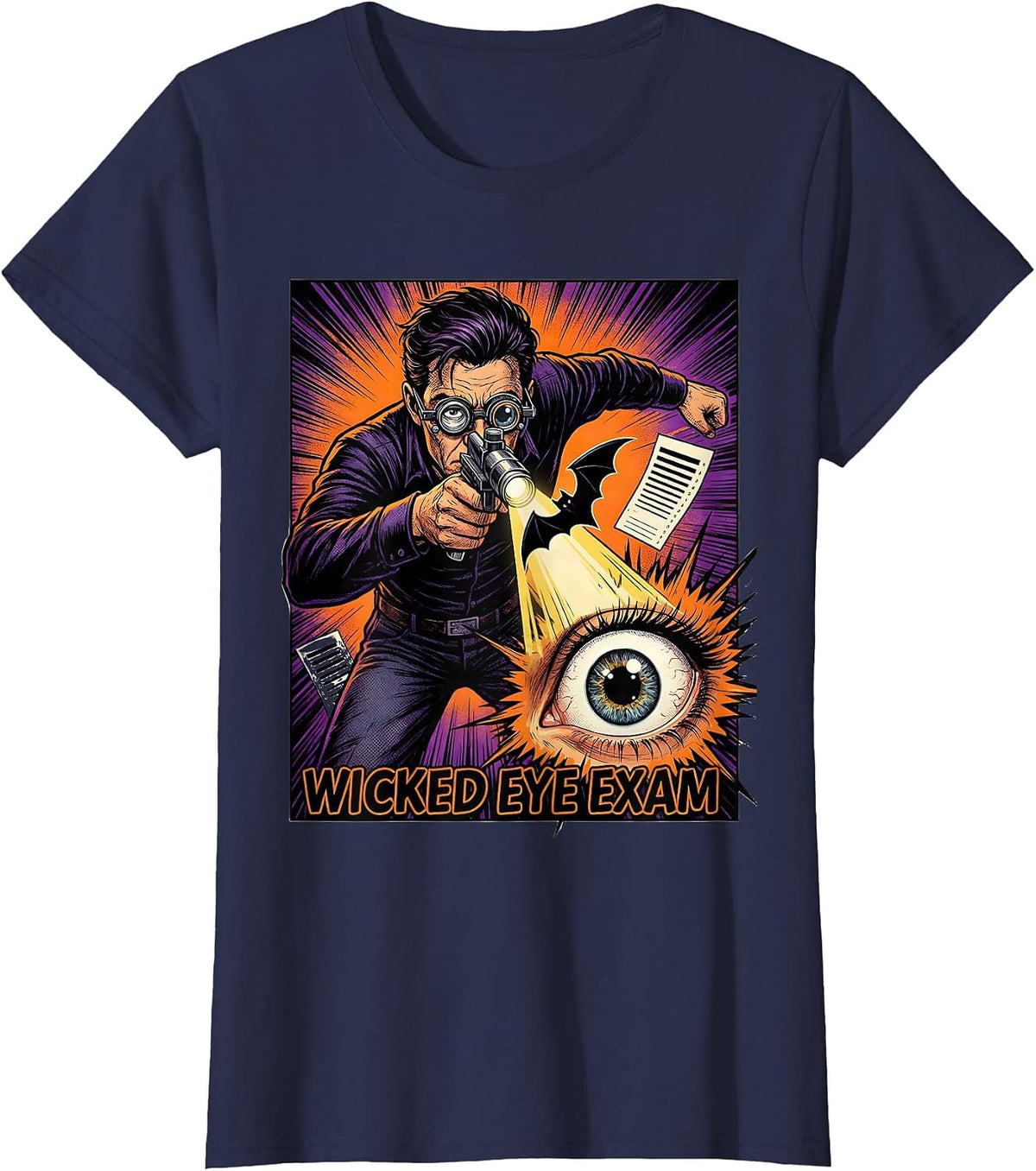 Women's Wicked Eye Exam Comic Book Optometrist Halloween Humor T-Shirt - Navy Blue