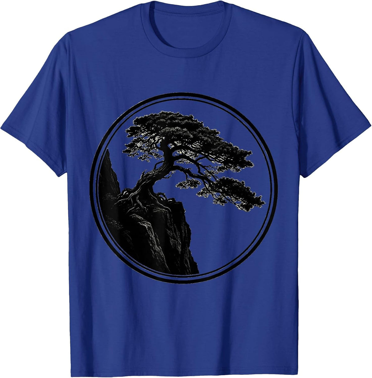 Bonsai Tree Rocky Cliff Japanese Nature Art T-Shirt - Royal Blue
