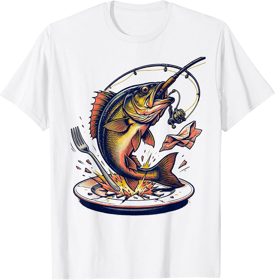 Men's Leaping Bass Fishing Humor Gift for Dads and Teens T-Shirt - White