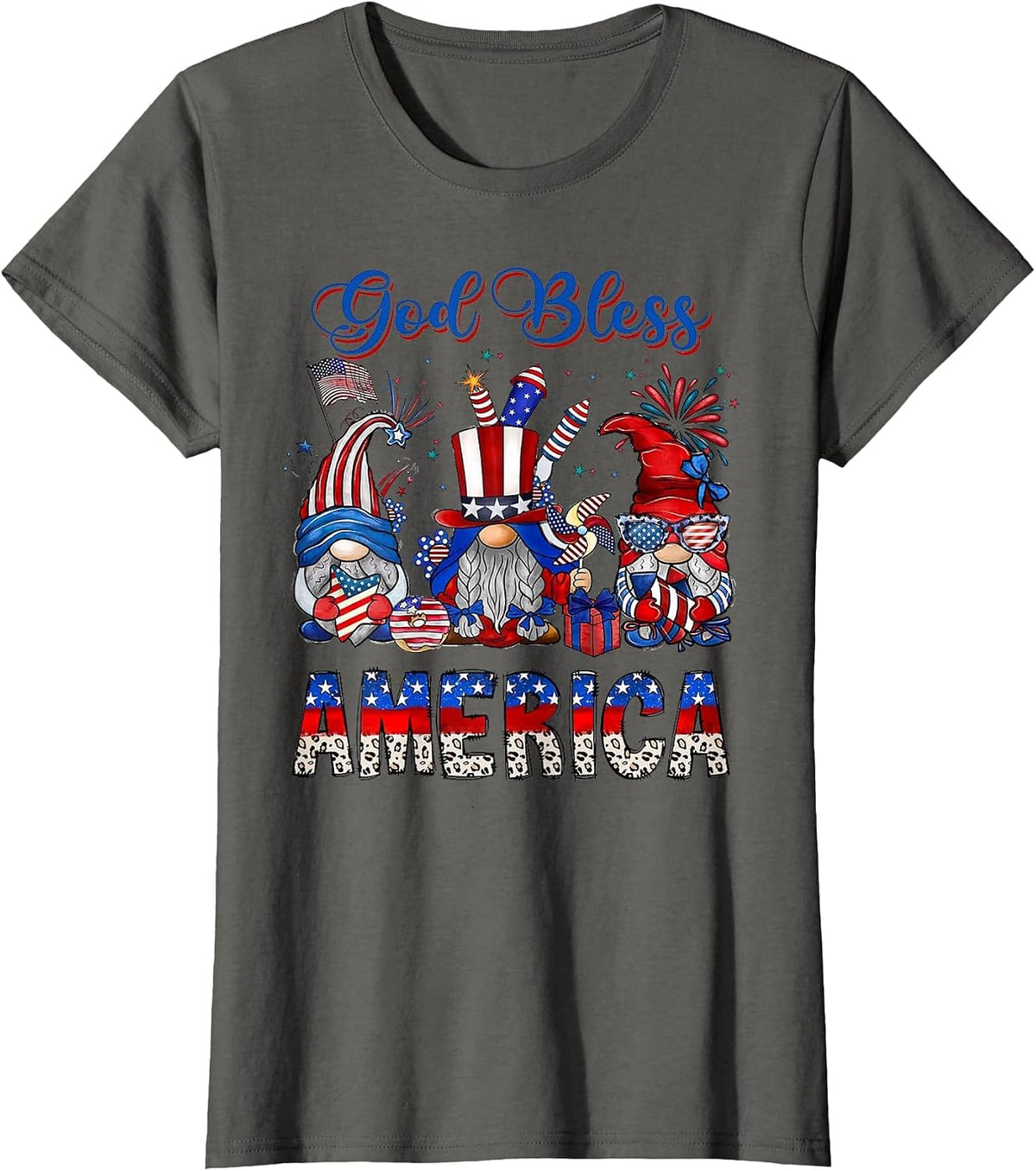 God Bless America Gnomes American Flag 4th of July Patriotic T-Shirt - Asphalt Grey
