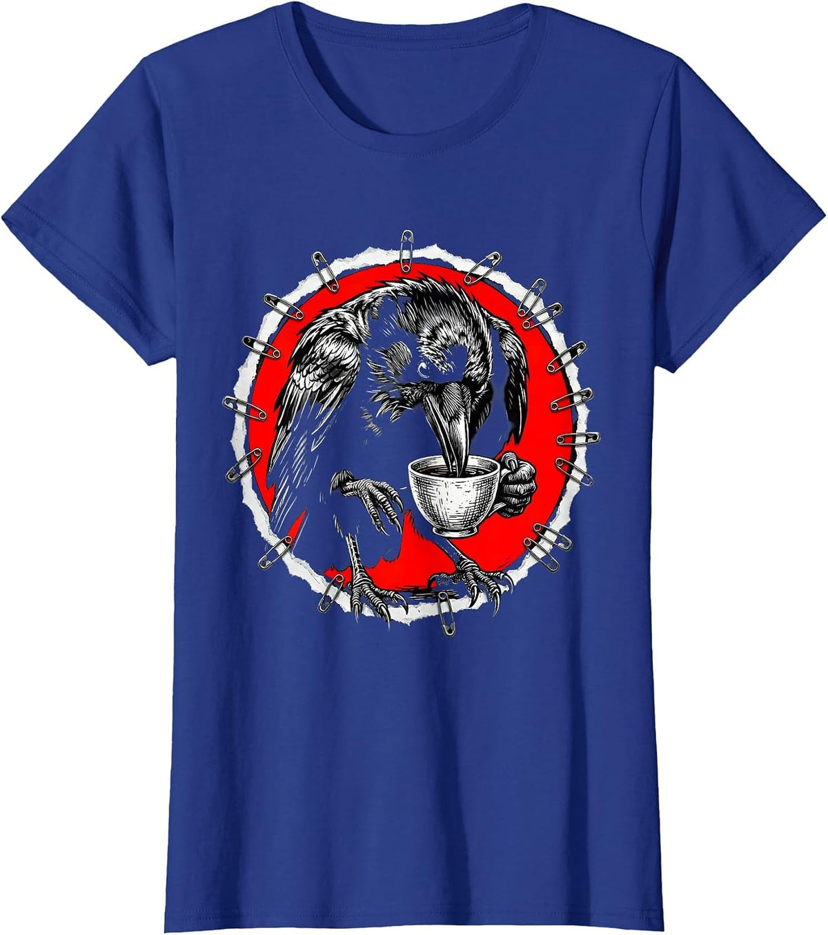 Women's Crow Drinking From a Tiny Teacup Illustration T-Shirt - Royal Blue