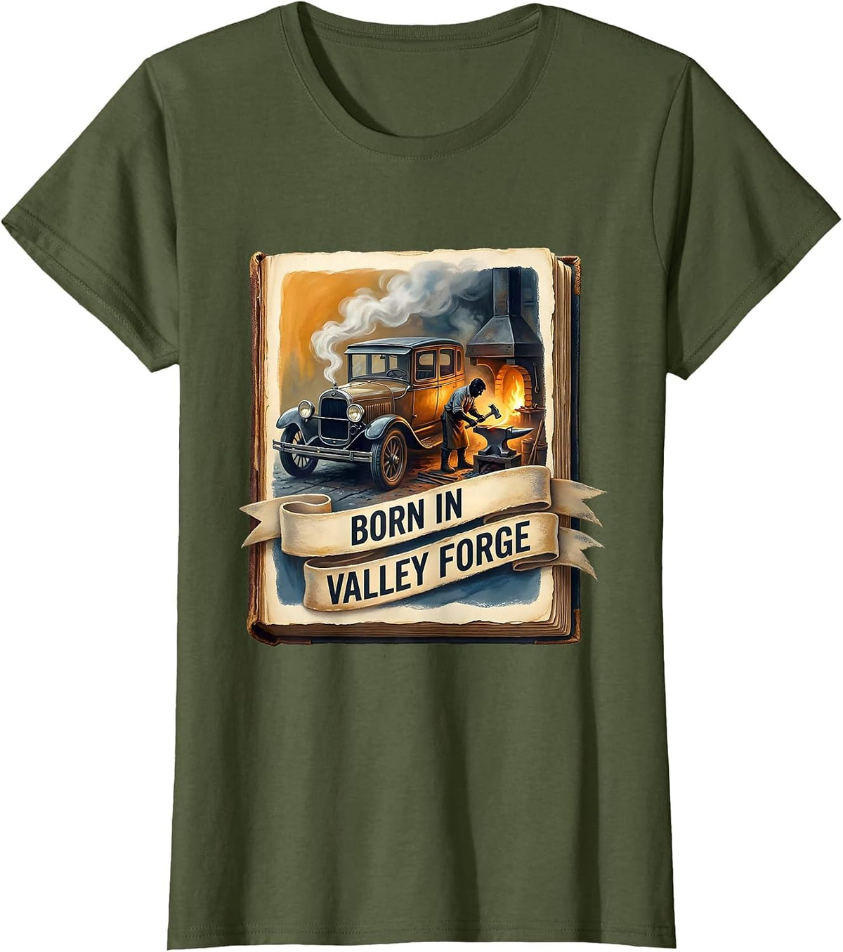 Women's Born in Valley Forge Automotive Pride Design T-Shirt - Olive Green