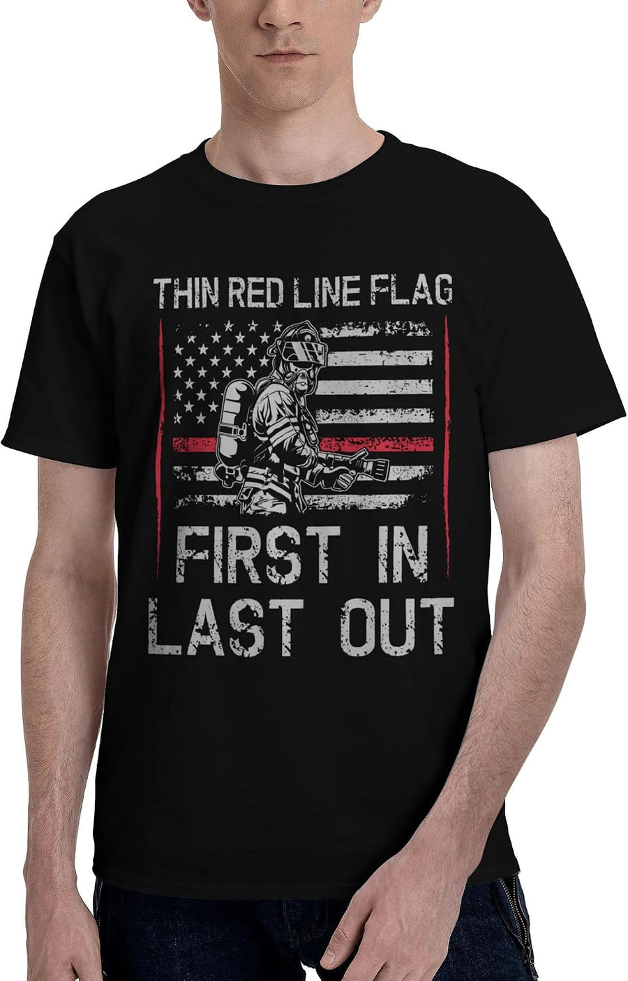 Men's T-Shirt,Thin Red Line Firefighter Flag First in Last Out,Minimalist Graphic Print Soft Jersey Summer Tee - As Pictured