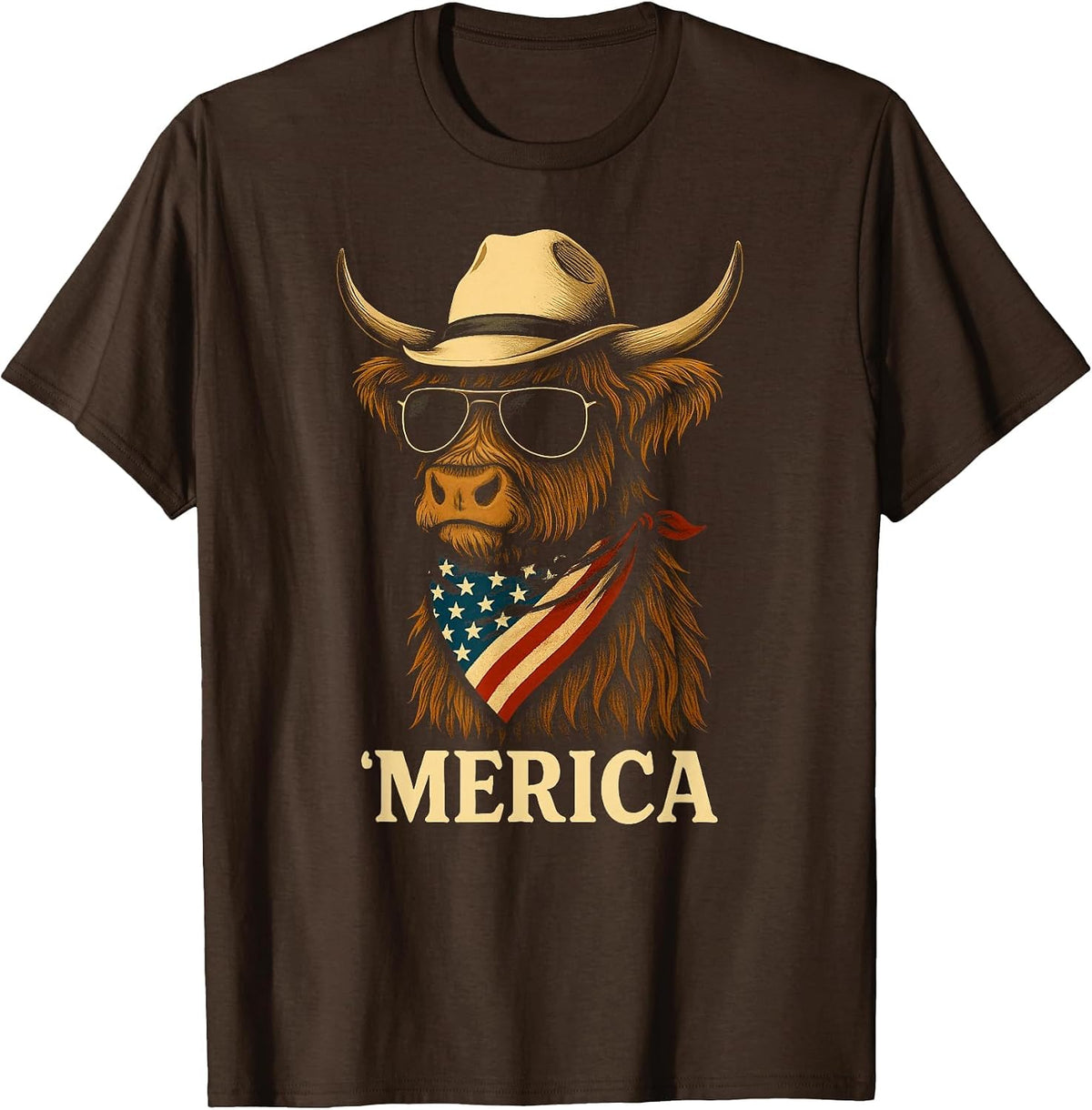Highland Cow 4th July Merica America USA Cowboy Boys Girls T-Shirt - Brown
