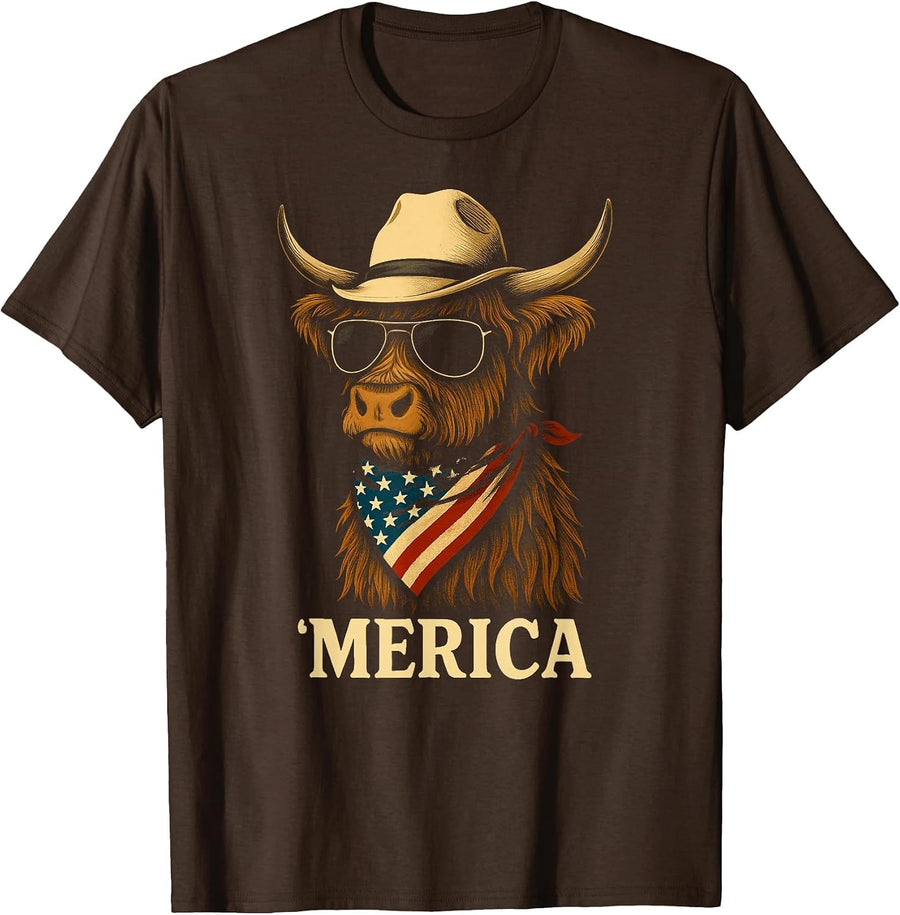 Highland Cow 4th July Merica America USA Cowboy Boys Girls T-Shirt - Brown