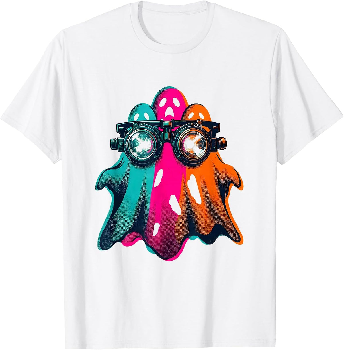 Men's Friendly Ghost Optometrist Risograph Halloween Boo Crew T-Shirt - White