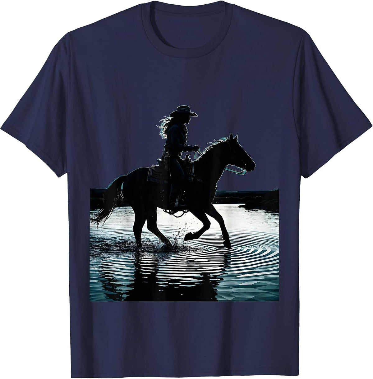 White Cowgirl on Horseback Crossing River T-Shirt - Navy Blue