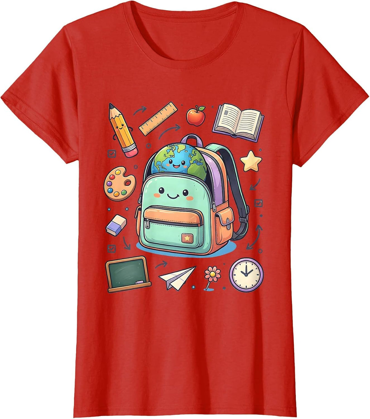 Third Grade Teacher Globe Schoolbag Graphic T-Shirt - Red