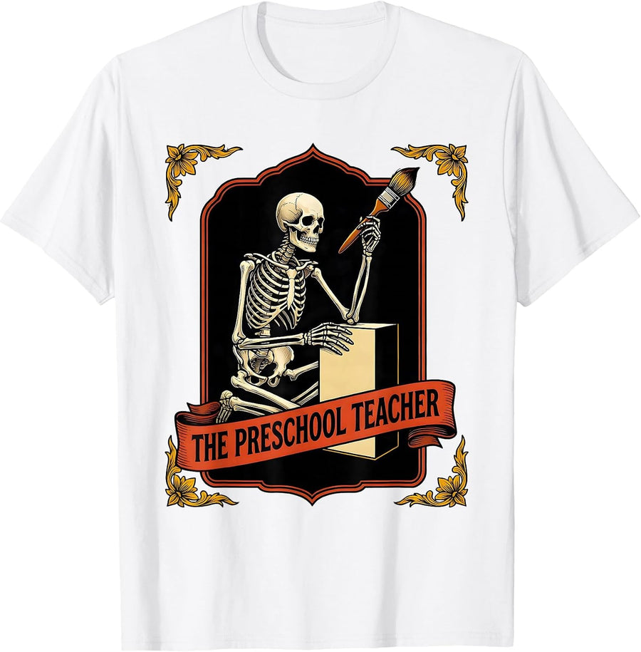 Men's The Preschool Teacher Tattoo Skeleton Tarot Card Halloween T-Shirt - White