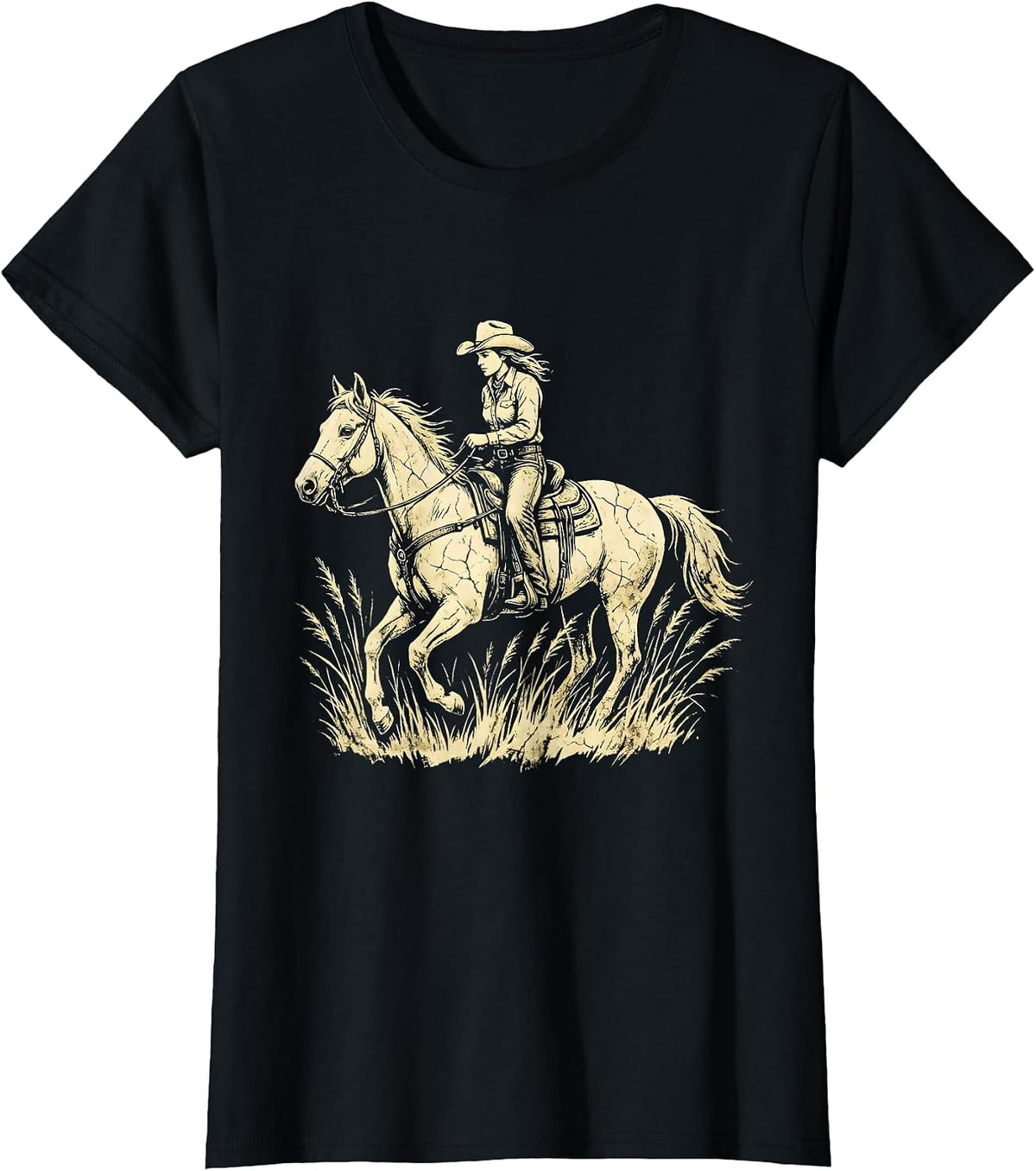 Cowgirl on Horseback Through Golden Grass T-Shirt - Black