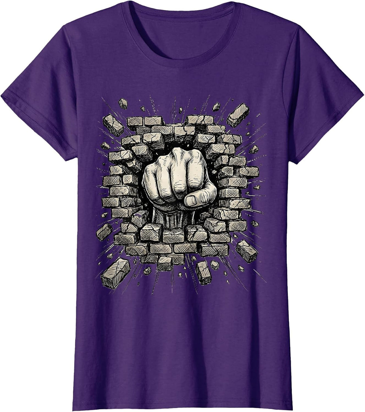 Women's Grunge Fist Through Brick Wall Graphic Tee T-Shirt - Purple