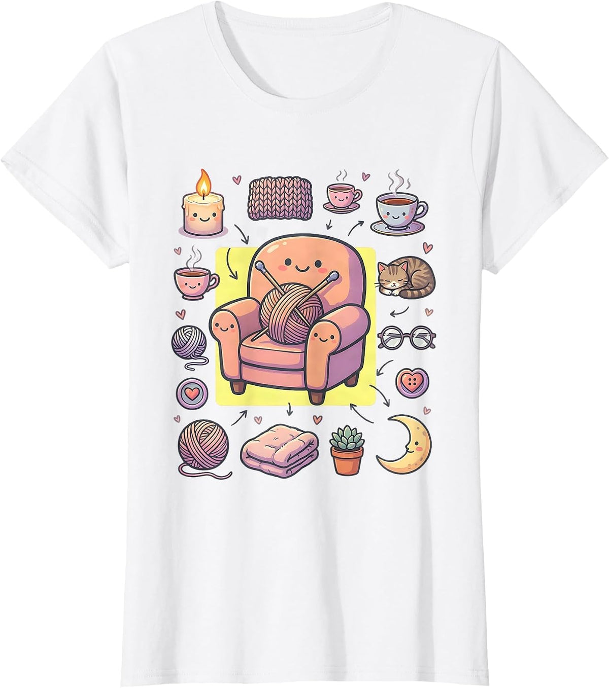 Women's Cozy Grandma Knitting Candlelight Illustration T-Shirt - White