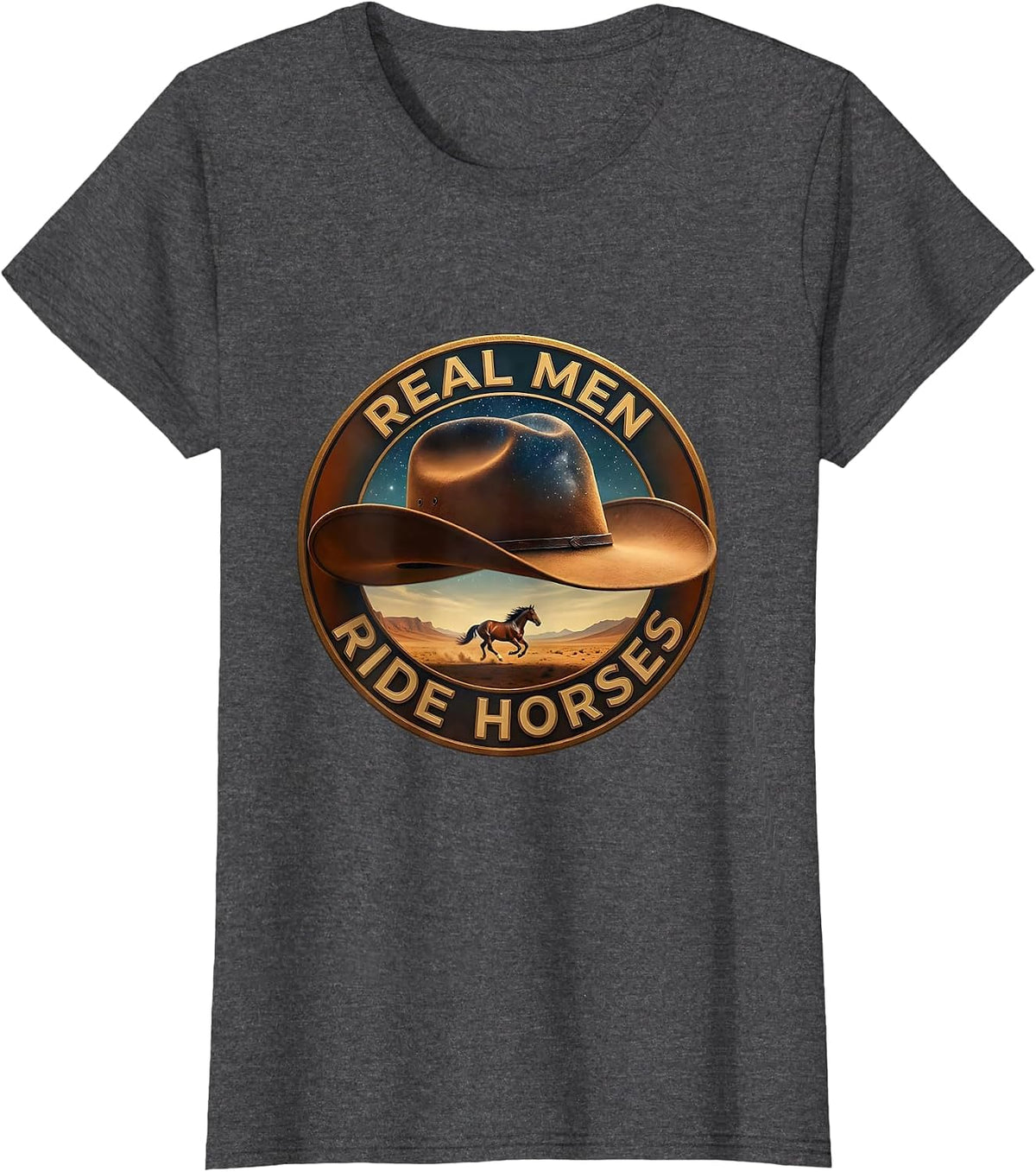 Women's Real Men Ride Horses Cowboy Graphic Design T-Shirt - Dark Heather Grey