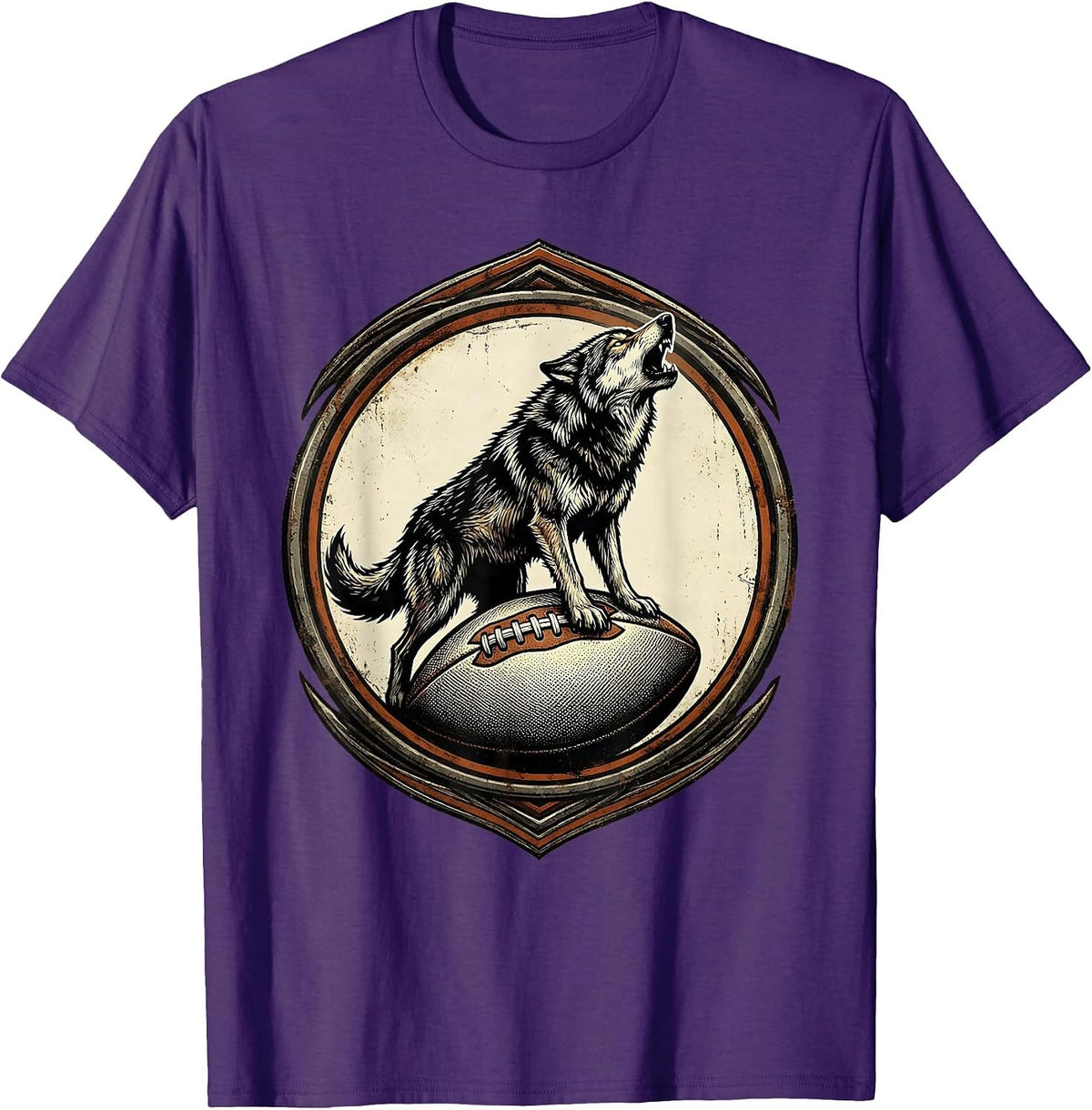 Wolf Howling on Rugby Ball Graphic Design T-Shirt - Purple