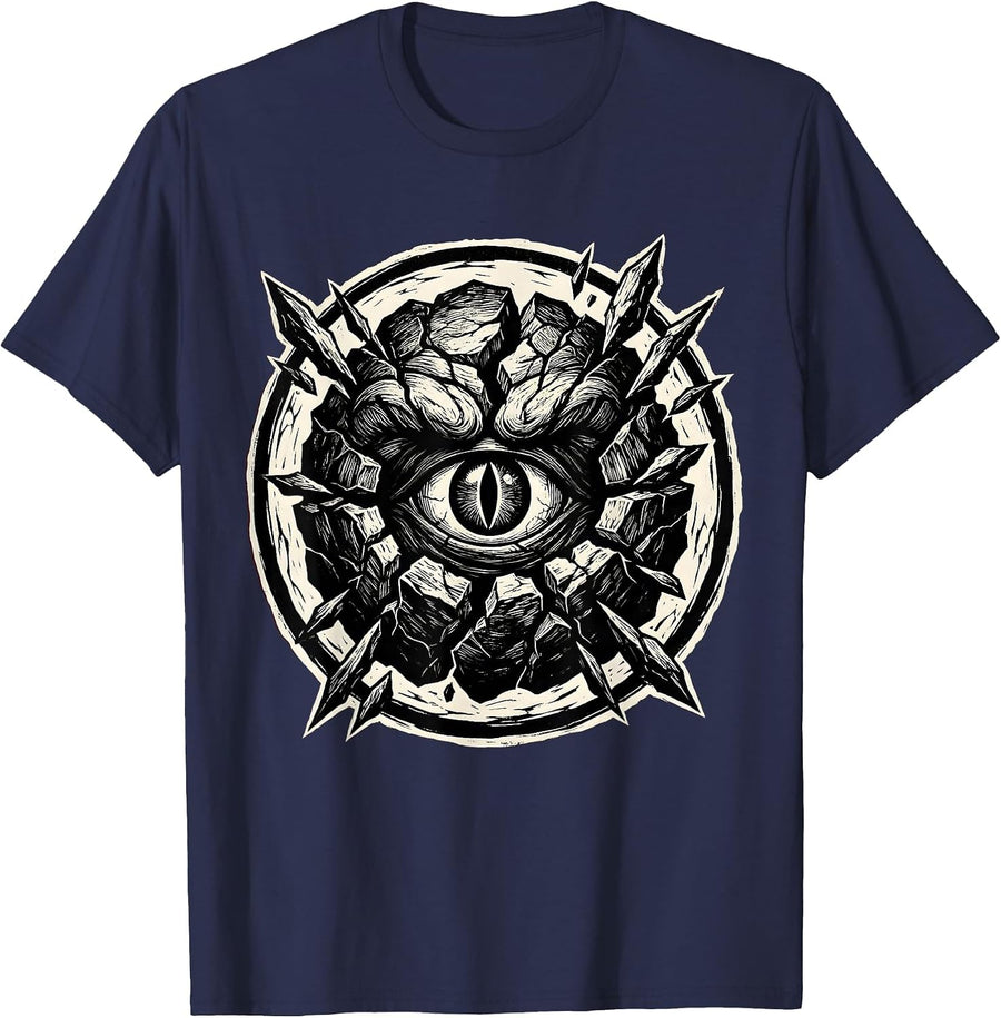 Demonic Eye Fractured Rock Heavy Metal Graphic T-Shirt - Navy Blue