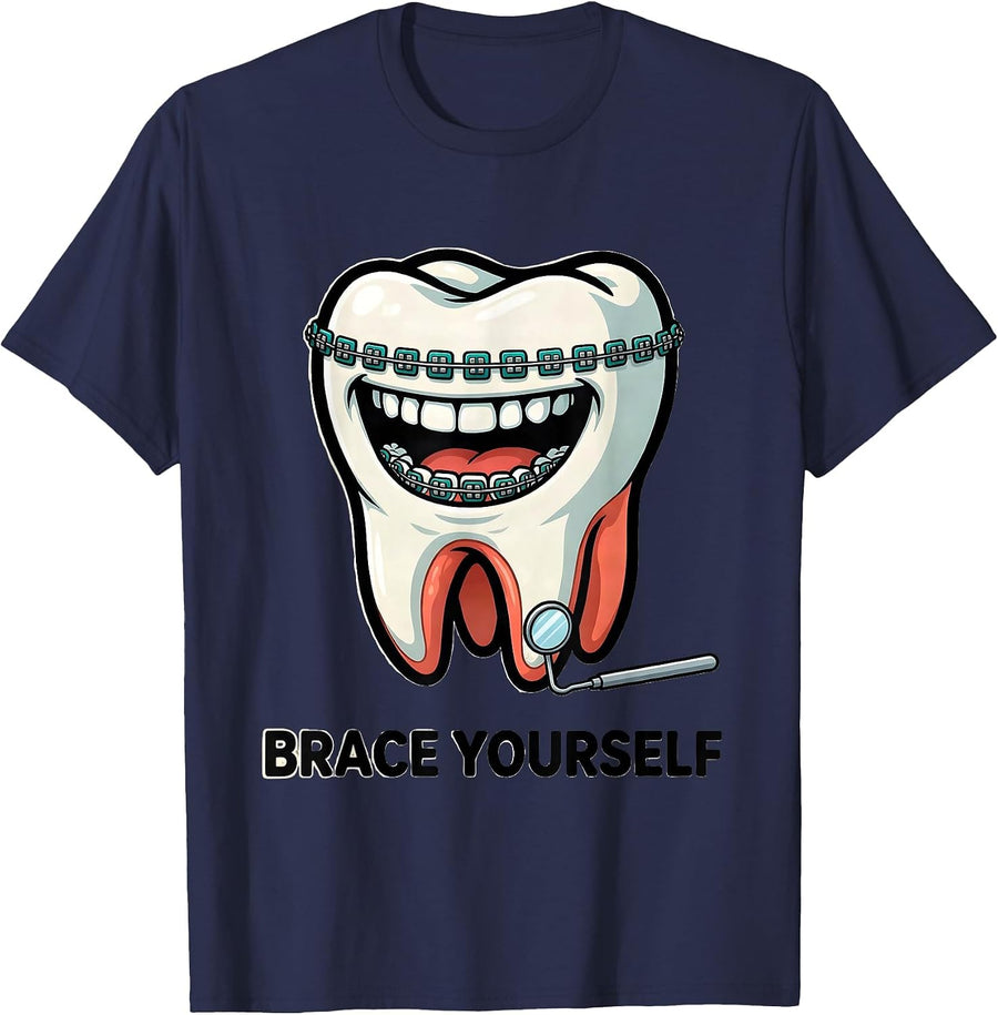 Brace Yourself Cartoon Molar Dental Hygienist Humor T-Shirt - Navy Blue