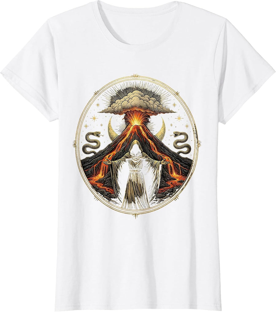 Women's Heavy Metal Hooded Figure Erupting Volcano Graphic T-Shirt - White