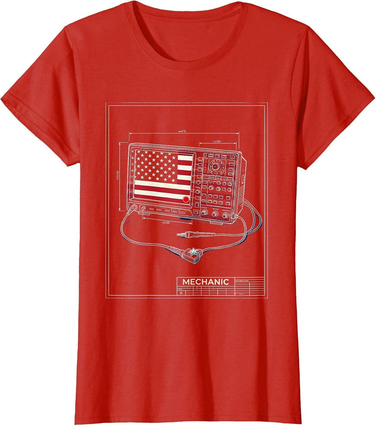 Mechanic Technical Blueprint American Flag Oilfield Worker T-Shirt - Red
