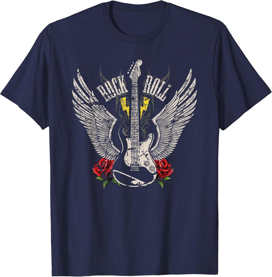 Rock and Roll Guitar Vintage Rock Music T-Shirt - Navy Blue