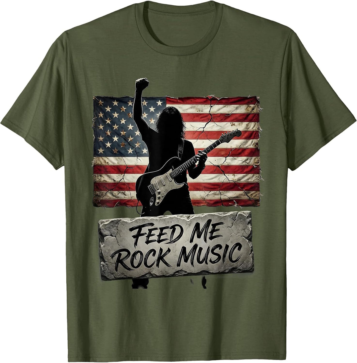 Feed Me Rock Music Graphic Design T-Shirt - Olive Green