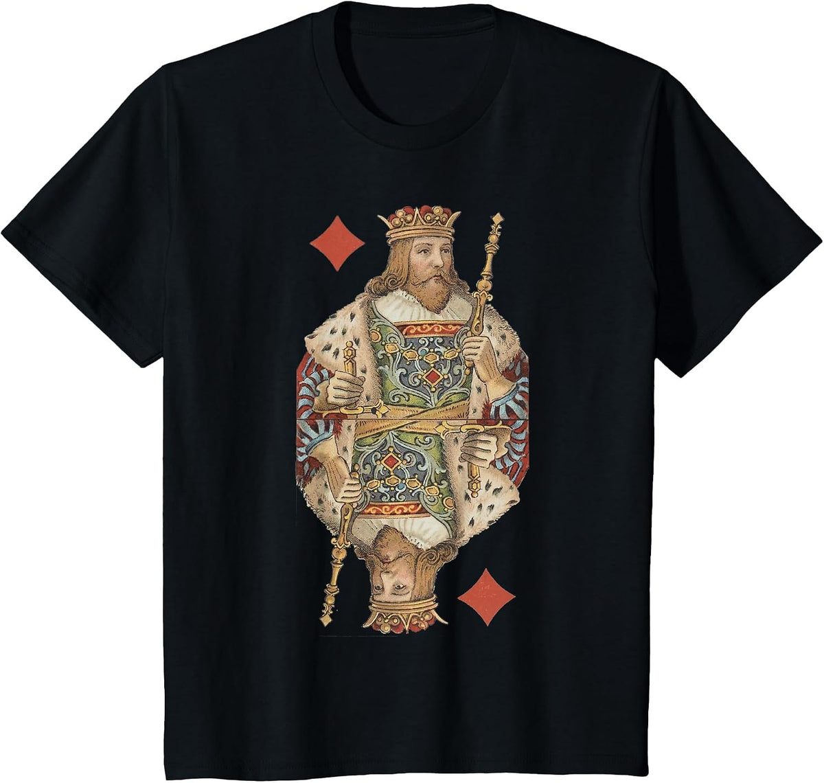 King of Diamonds Antique Art Nouveau Playing Card Art T-Shirt, Youth, Black, Small - As Pictured
