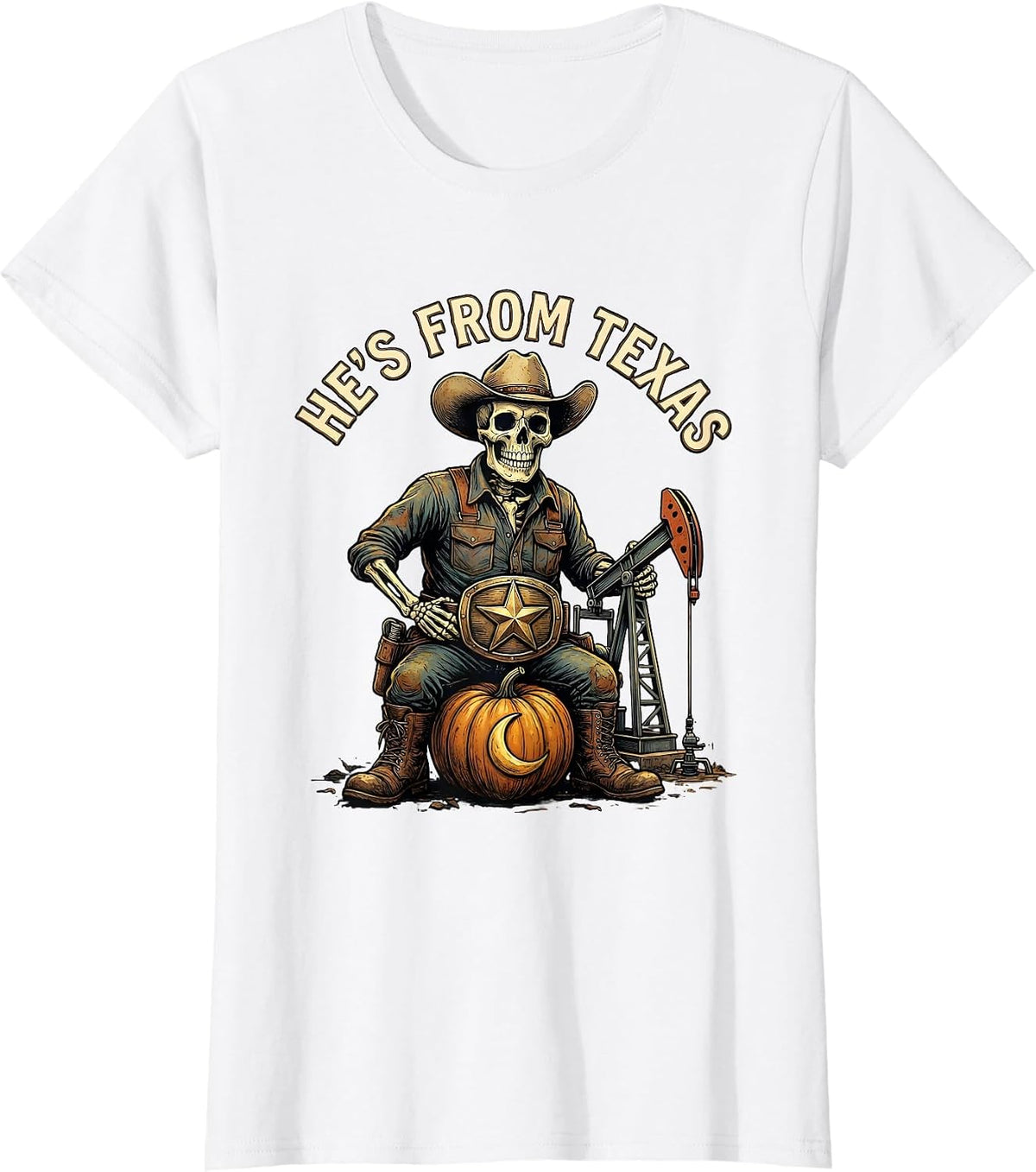 Women's He's From Texas Funny Skeleton Cowboy Halloween Horror T-Shirt - White