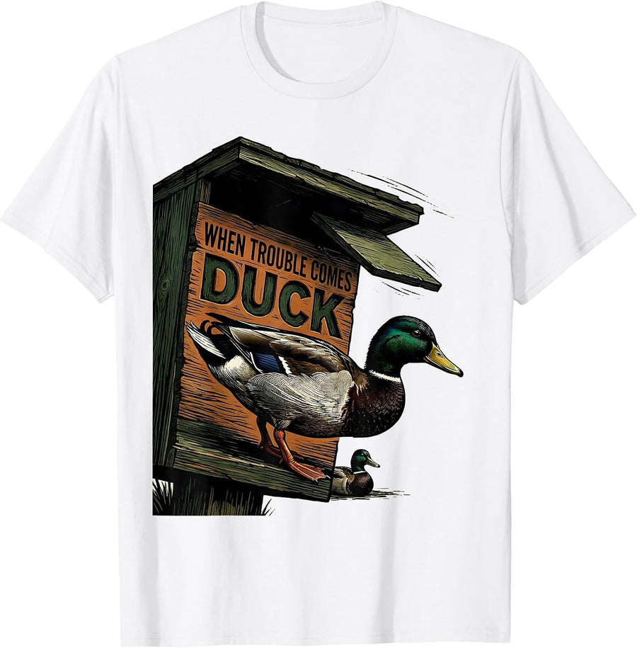 Men's When Trouble Comes, Duck Funny Duck Hunter Linocut Humor T-Shirt - White