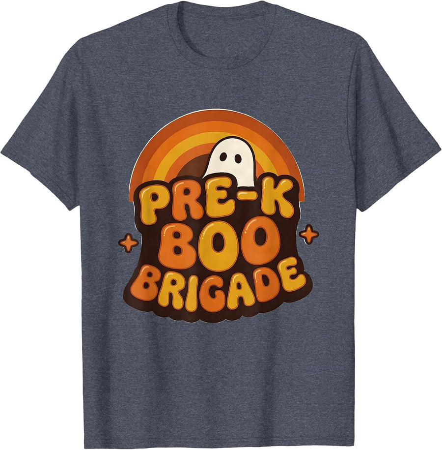 Pre-K Boo Brigade Retro 70s Halloween Teacher Preschool T-Shirt - Heather Blue