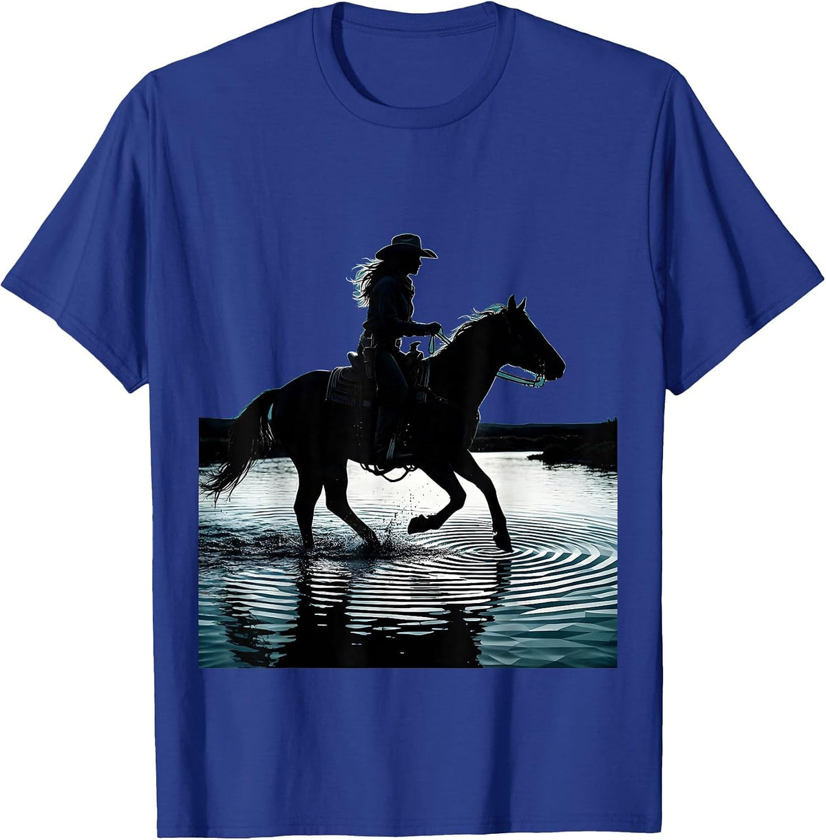 White Cowgirl on Horseback Crossing River T-Shirt - Royal Blue