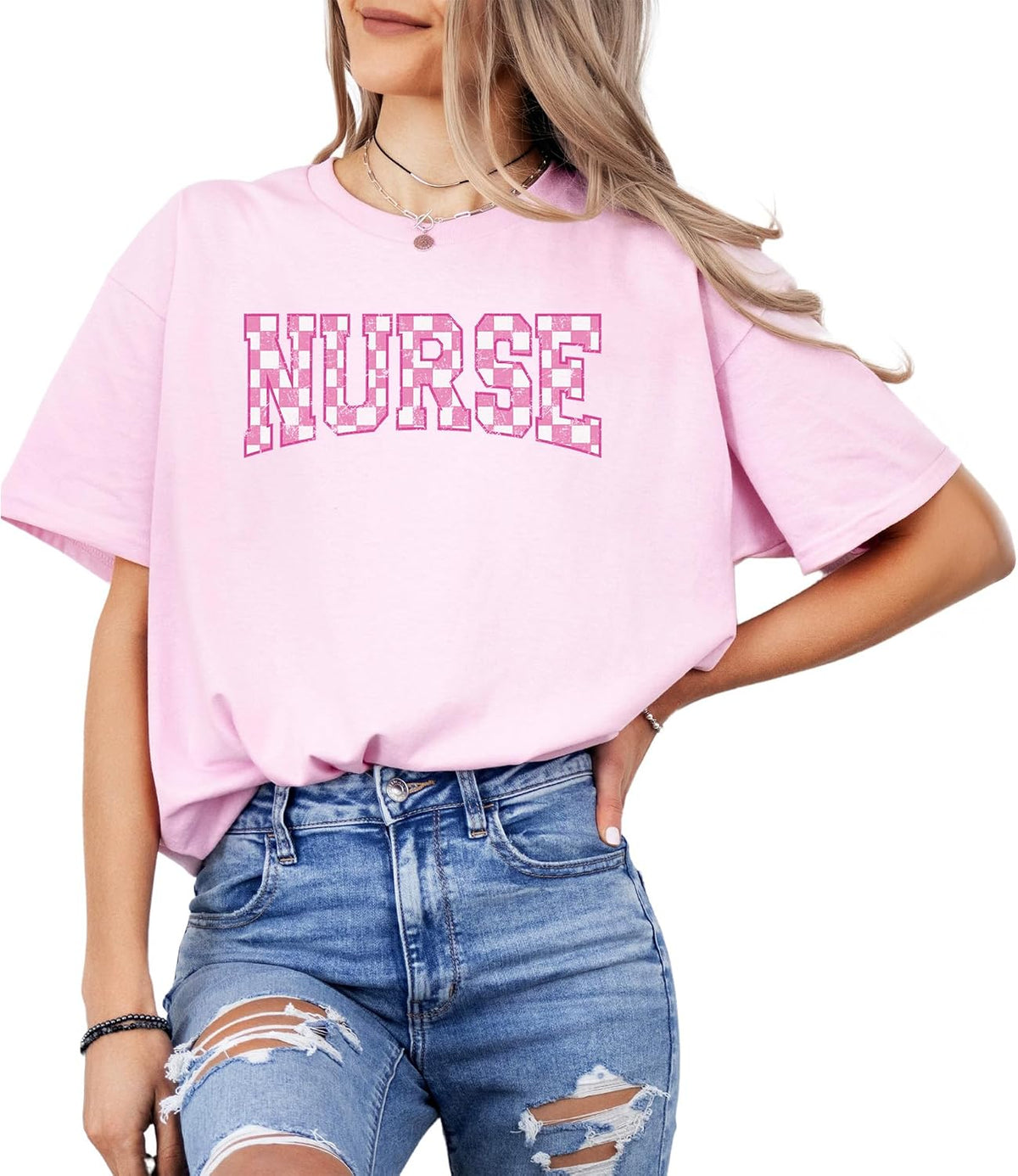 Nurse Checkerboard Graphic T-Shirt – Unisex Cotton Appreciation Tee – Cute Pink Letter Print Medical Top - Pink