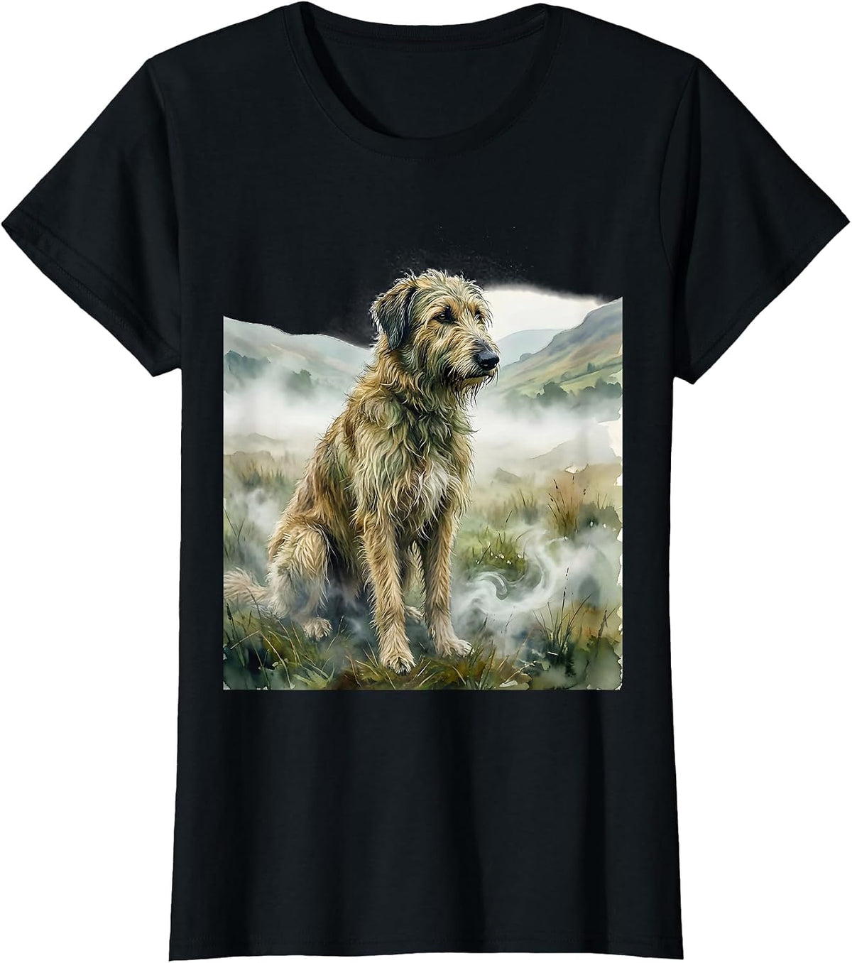Irish Wolfhound Sitting in Misty Field Illustration T-Shirt - Black
