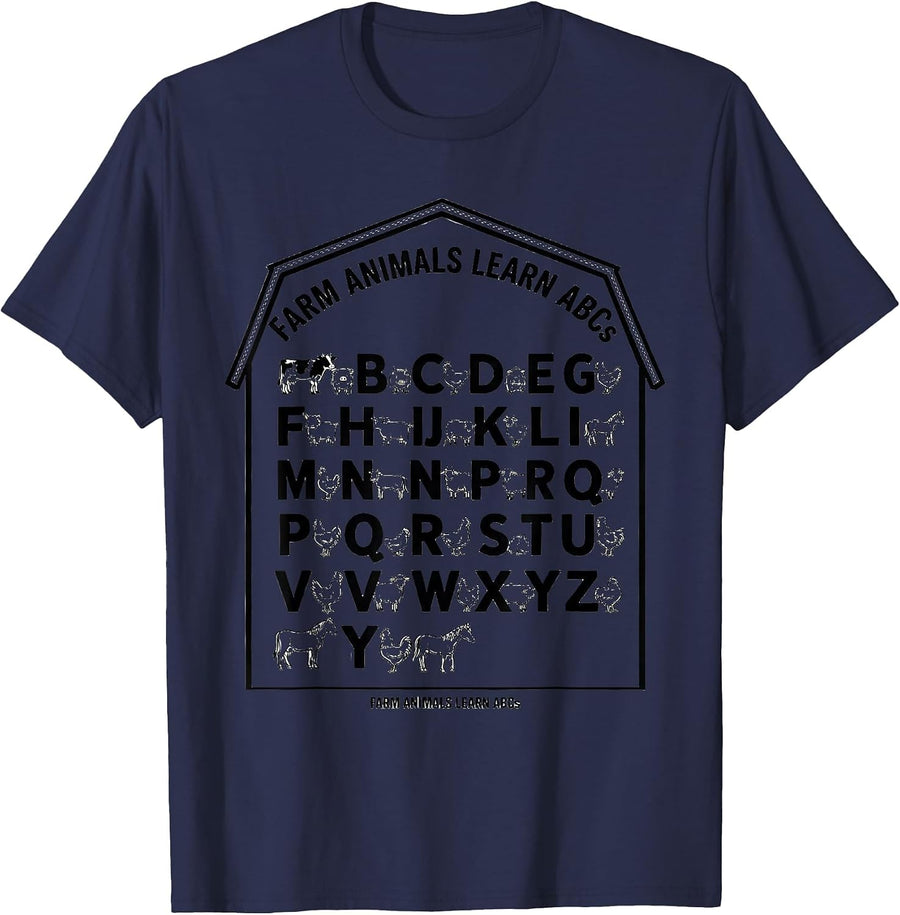 Farm Animals Learn ABCs Line Art Preschool Teacher Gift T-Shirt - Navy Blue