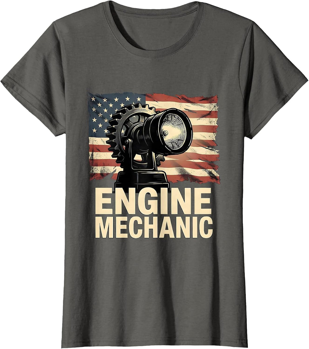 Women's Engine Mechanic Distressed Flag American Worker Patriotic T-Shirt - Asphalt Grey