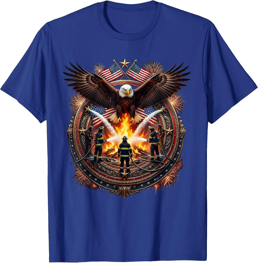 Aerial View Firefighters Surrounding Blaze Graphic T-Shirt - Royal Blue