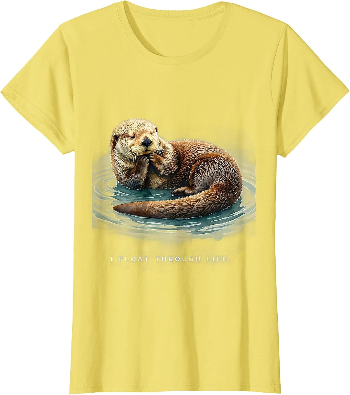 Women's I Float Through Life Watercolor Sea Otter Nature Lover Humor T-Shirt - Lemon Yellow