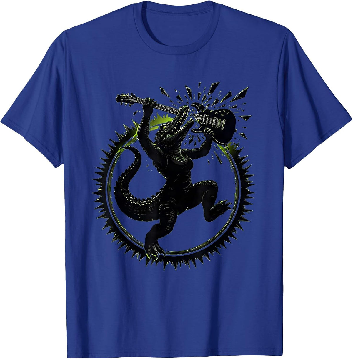 Gator Woman Rockstar Smashing Electric Guitar T-Shirt - Royal Blue