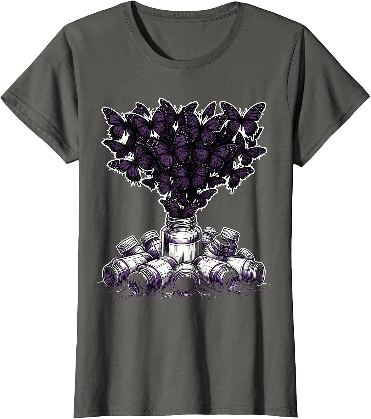 Women's Emo Pill Bottles Black Butterflies Graphic T-Shirt - Asphalt Grey