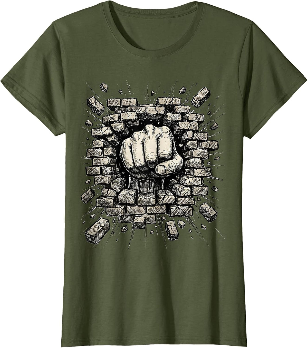 Women's Grunge Fist Through Brick Wall Graphic Tee T-Shirt - Olive Green