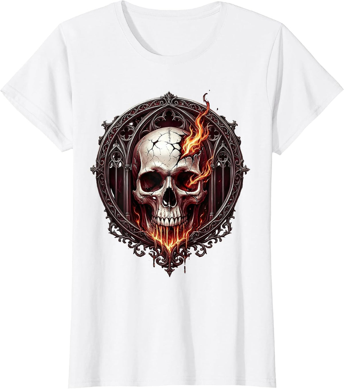 Cracked Skull Red Flames Dark Graphic Design T-Shirt - White