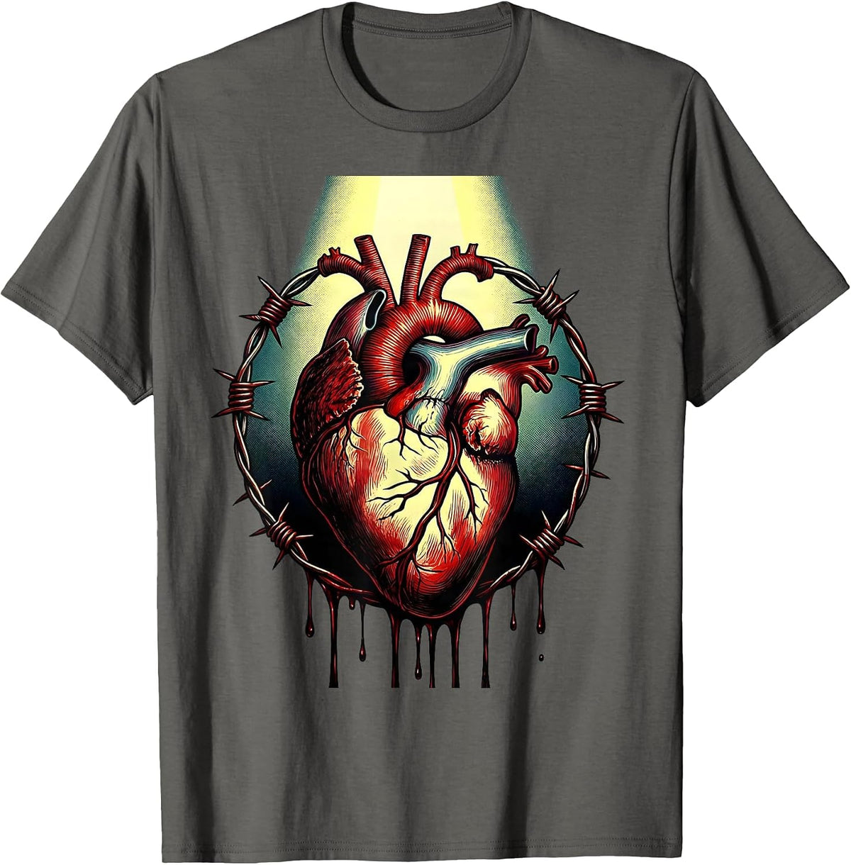 Bloody Dripping Heart Wrapped in Barbed Wire T-Shirt - Asphalt Grey