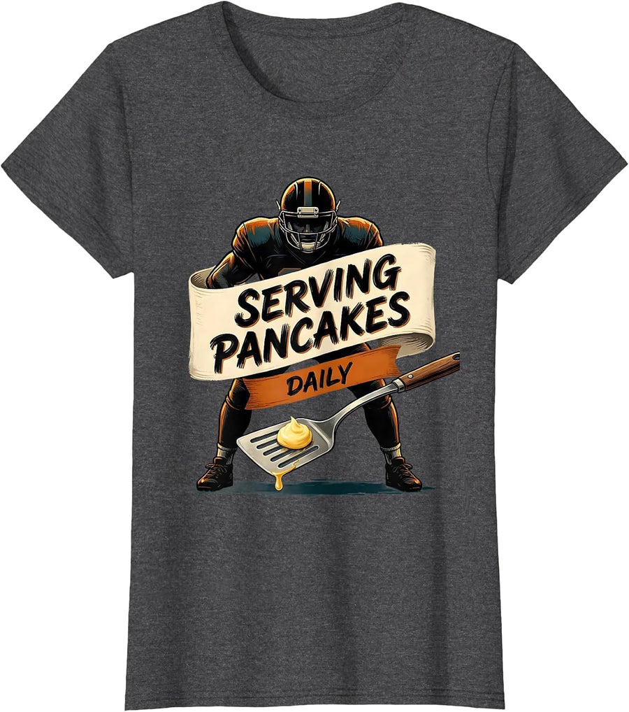 Women's Serving Pancakes Daily Funny Football Lineman Vintage Humor T-Shirt - Dark Heather Grey