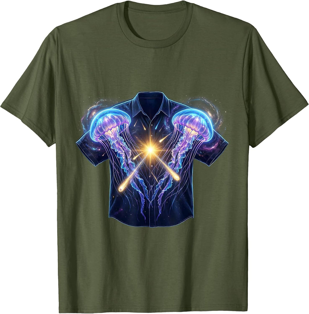 Men's Celestial Jellyfish Cosmic Matching Halloween Couple T-Shirt - Olive Green