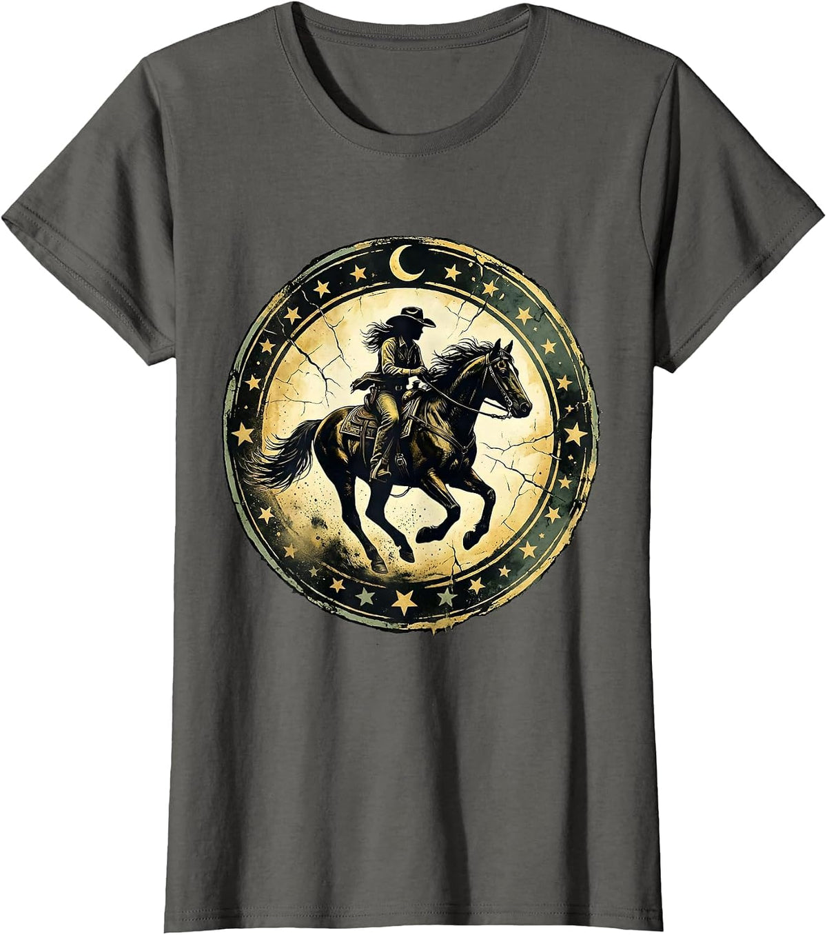 Women's Cowgirl Riding Horse Under Starry Night Sky T-Shirt - Asphalt Grey
