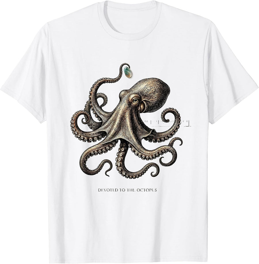 Men's Devoted to the Octopus Botanical Ocean Animal Lover Octopus T-Shirt - White