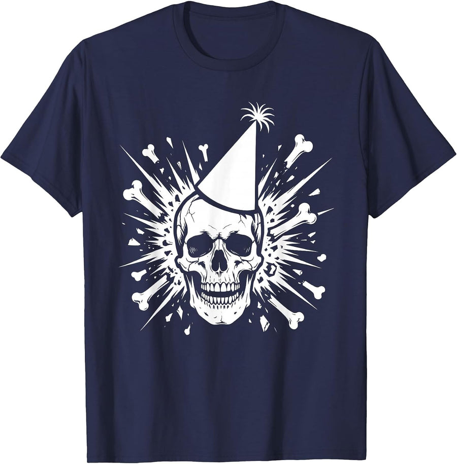 Skull Party Hat Explosion Dark Humor Graphic T-Shirt - Navy Blue